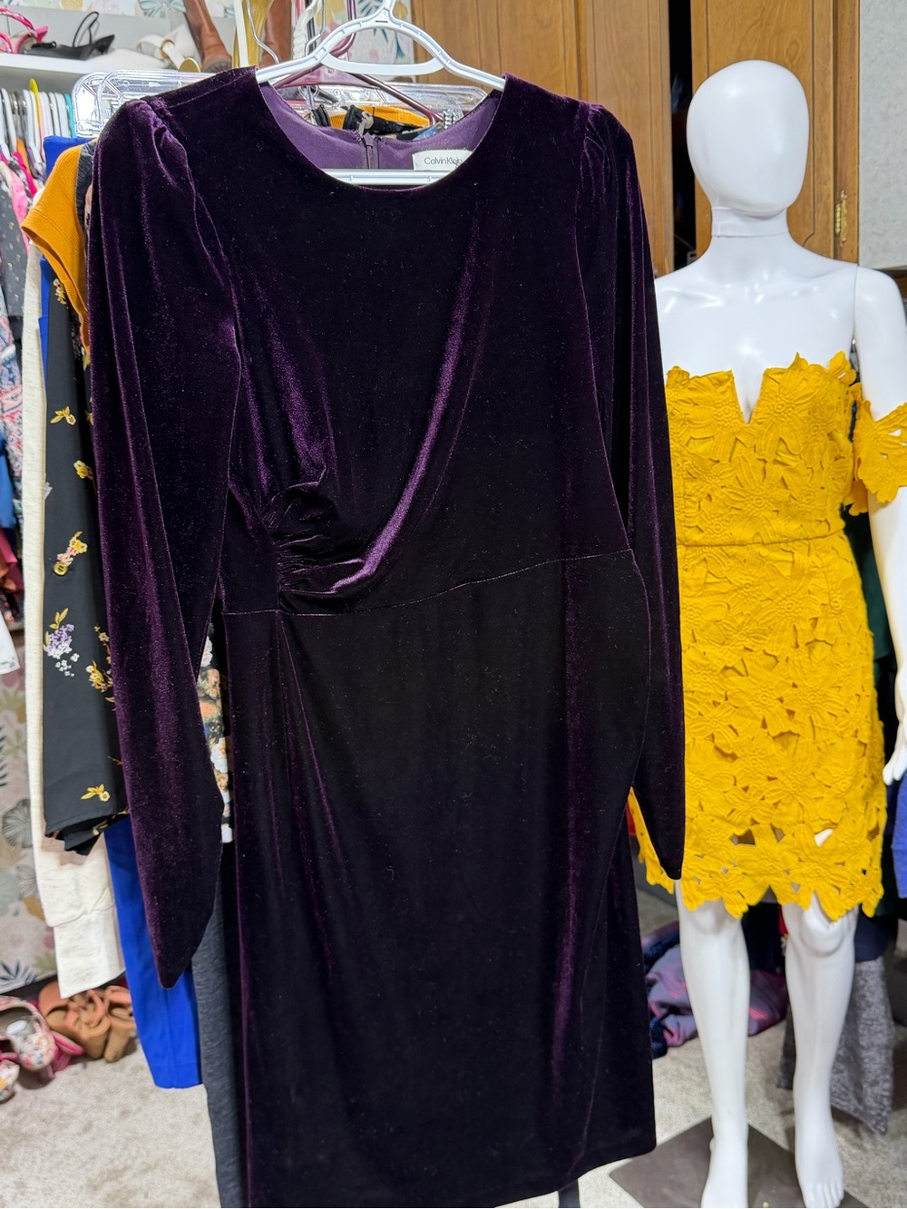 Calvin Klein Long-Sleeve Velvet Twist Waist Dress in Plum - Picture 3 of 5